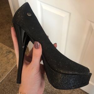 Sparkly black open-toed stilettos